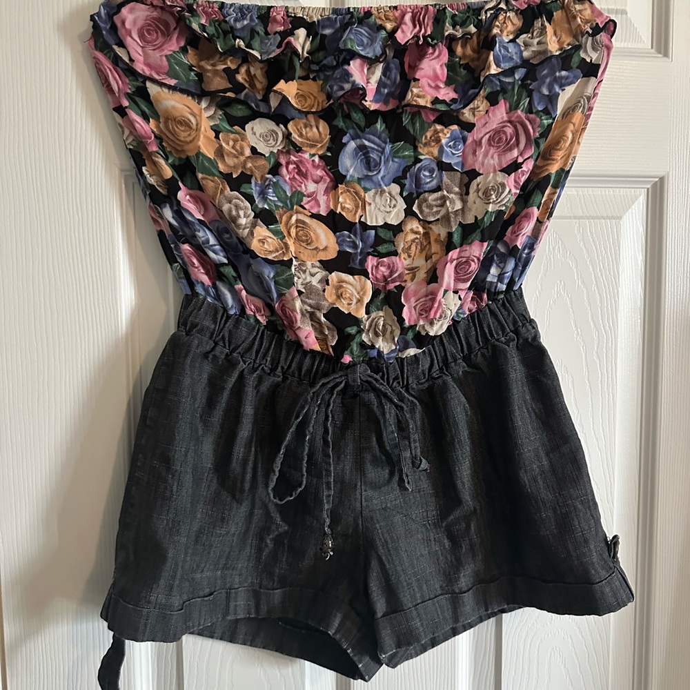 Floral Print Romper with Grey Faux Denim Shorts